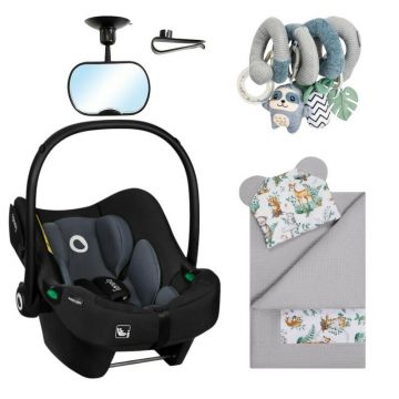 Pachet Travel Kit, Qmini, Cu scoica auto i-Size, Astrid, Certificata ADAC, 0-13 Kg, Jucarie interactiva spirala, Set 2 piese- paturica si pernuta Forest Animals, Oglinda auto retrovizoare 360, Gri/Multicolor