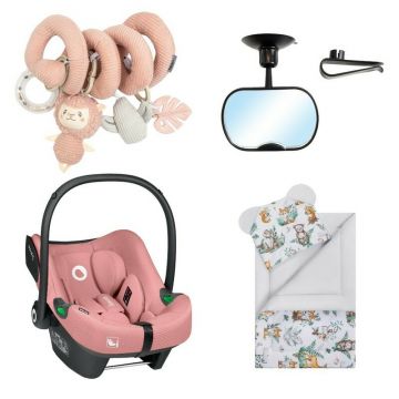 Pachet Travel Kit, Qmini, Cu scoica auto i-Size, Astrid, Certificata ADAC, 0-13 Kg, Jucarie interactiva spirala, Set 2 piese- paturica si pernuta Forest Animals, Oglinda auto retrovizoare 360, Roz