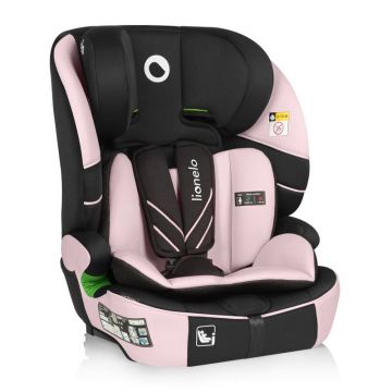 Scaun auto i-Size, Lionelo, Levi Fix, 76 - 150 cm, 1/2/3, ISOFIX + Top Tether, Tetiera reglabila in 10 pozitii, Insertie ergonomica Dri-Seat, Tapiterie lavabila, Testat la impact, Baza lata, Cotiere practice, Conform cu R129, Roz