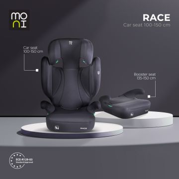 Scaun auto pentru copii Cangaroo I-Race Cosmo Black I-Size 100-150cm,fixare cu Isofix,Certificare R129,tetiera reglabila 9 pozitii,spatar detasabil pentru utilizare ca inaltator,design ergonomic,husa detasabila