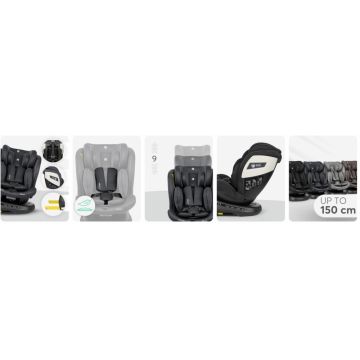 Scaun auto pentru copii KikkaBoo I-Cruze Dark Grey cu ISOFIX,Omologat I-Size 40-150cm, R129, SPS, Tetiera reglabila 9 pozitii,Sezut rotativ,4 pozitii inclinare spatar,Alarma acustica pentru fixare corecta,Saltea reductor