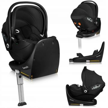 Scoica auto, Lionelo, Moxie, i-Size, Include baza rotativa 360 cu picior de fixare, 40-87 cm, Tetiera reglabila, intarita cu spuma de memorie, Carcasa ventilata, Din bambus, Protectie avansata, Conform R129, Negru