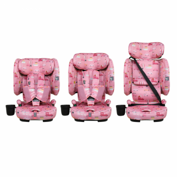 Scaun auto pentru copii i-Size 76-150 cm Cosatto On The Go Itchy Feet Rosy cu sistem Isofix si Top-Tether, testare ADAC, pliere compacta, geanta de transport