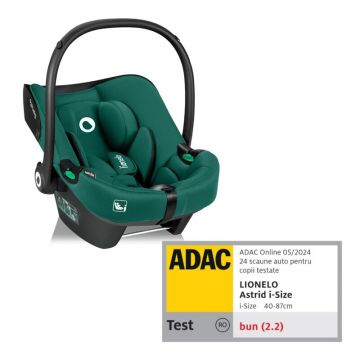 Scoica auto Lionelo i-Size Astrid Verde, 0-13 Kg, 40-87 cm, maner si capotina reglabile, protectie laterala avansata, salteluta confortabila, testat ADAC, Conform cu standardul R129