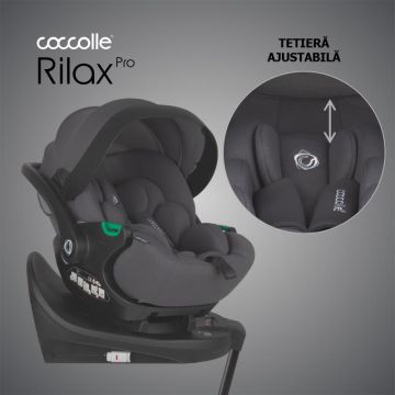 Scoica auto iSize Coccolle Rilax Greystone cu baza isofix rotativa 360, tetiera reglabila