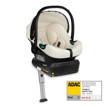 Scoica auto, Lionelo, i-Size Astrid, Include baza Isofix, 0-13 Kg, 40-87 cm, Cu maner si capotina reglabile, Cu protectie laterala avansata, Salteluta confortabila, Testat ADAC, Conform cu R129, Crem
