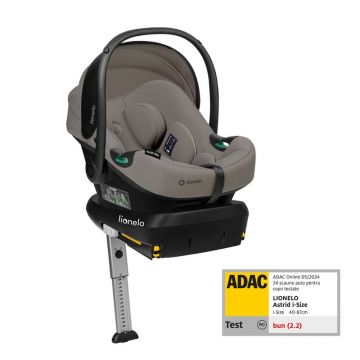 Scoica auto, Lionelo, i-Size Astrid, Include baza Isofix, 0-13 Kg, 40-87 cm, Cu maner si capotina reglabile, Cu protectie laterala avansata, Salteluta confortabila, Testat ADAC, Conform cu R129, Taupe