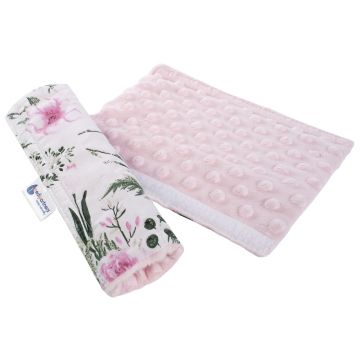 Protectie pentru centura de siguranta din bumbac Minky Flowers Pink